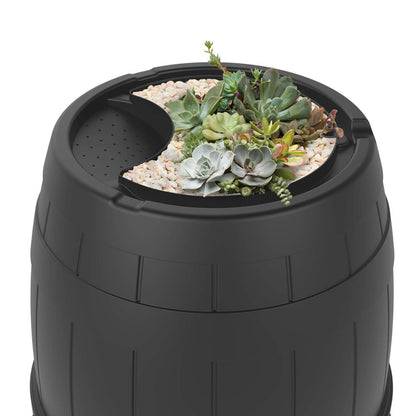 Garden Central 39-Gallon Knock Down Rain Barrel with Brass Spigot, Black – Plastic Outdoor Water Collection Container with Planter Top – Irrigation Supply for Gardening, Lawn & Landscaping