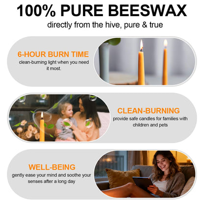 10 Pack 100% Pure Natural Beeswax Taper Candles, 6 Hours Long Burning Emergency Beeswax Candles Sticks, 6 inch Organic Bees Wax for Home, Prayer, Christmas, Party | Unscented, Smokeless, Dripless