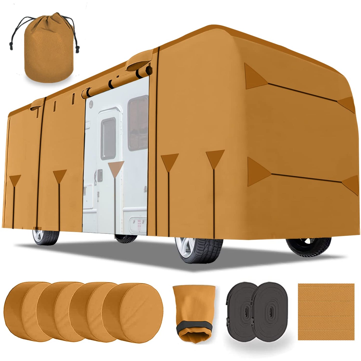 Lanceton Class A RV Cover, 300D/160g Solution-Dyed Oxford Roof (Waterproof 2000mm, UV 50+), 6-Zipper Access System, Includes 4 Tire Covers, Jack Cover & 4 Gutter Guards(37-40 Ft)