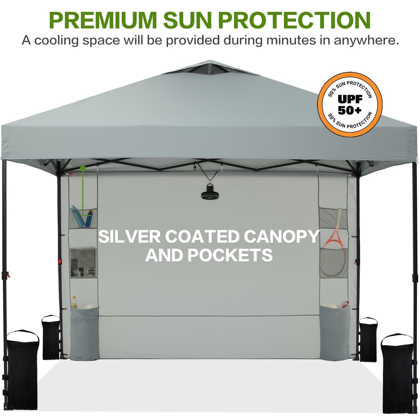 Tunbne 10'x10' Pop Up Canopy Tent with 1 Sidewall and 6 Pockets, One Push Setup, Instant Shade Tent with Vented Roof for Beach Patio Outdoor, Case, 8 Stakes, 4 Ropes, 4 Sandbags (Light Gray, 10x10)