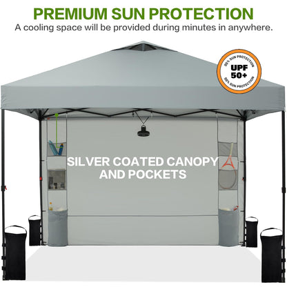 Tunbne 10'x10' Pop Up Canopy Tent with 1 Sidewall and 6 Pockets, One Push Setup, Instant Shade Tent with Vented Roof for Beach Patio Outdoor, Case, 8 Stakes, 4 Ropes, 4 Sandbags (Light Gray, 10x10)