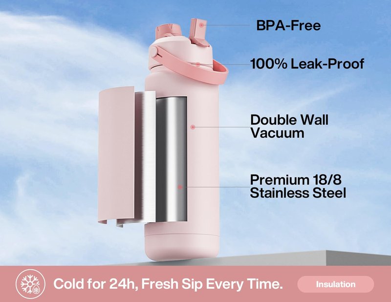 POWCAN 40 oz Insulated Water Bottle with 2-in-1 Straw and Spout Lid, Keep Cold 24H, Leak-Proof, BPA-Free, Double Wall Stainless Steel Water Bottle for Sports, Gym, Travel, Gift, Holiday (Rosy Bouquet)