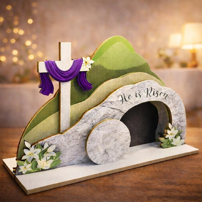 Lemonus He is Risen Easter Nativity Set - Empty Tomb Decor with Stone Texture & Scripture Verse | Christian Easter Tabletop Display for Home, Church Altar | Religious Resurrection Decorations