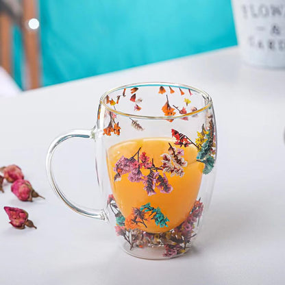 Myhiju Flower Double Wall Clear Glass Coffee Mugs Creative Clear Glass Cups with Handle Flowers Double Insulated Glass Cup for Hot Cold Beverages Cappuccino Latte, Espresso Juice Glass Coffee Cups