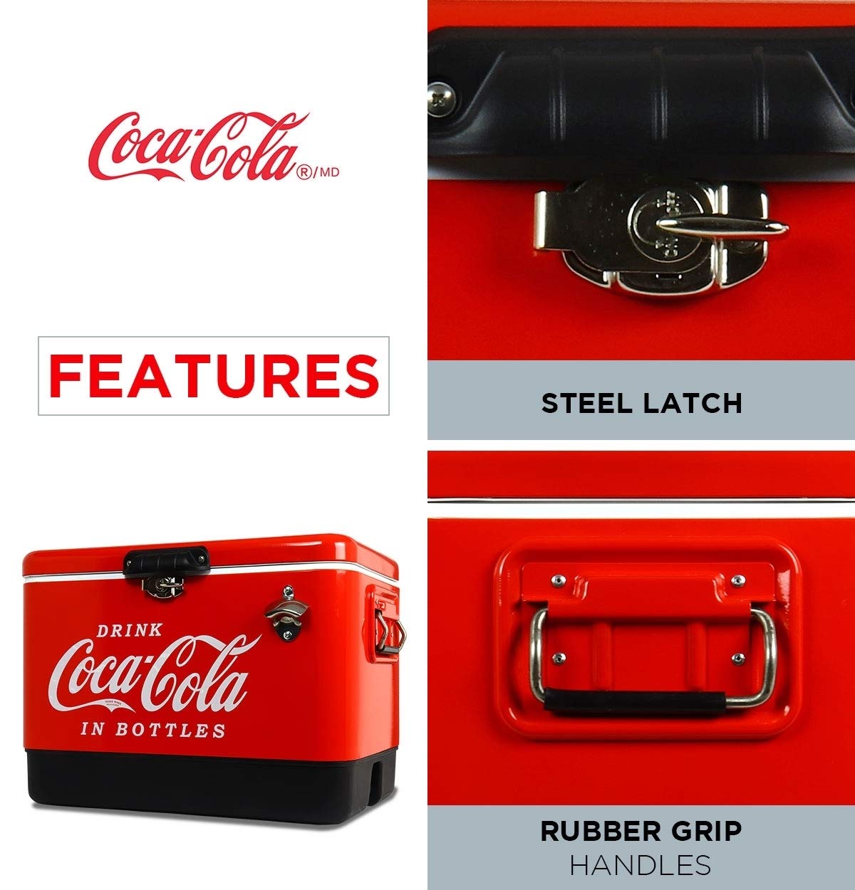 Coca-Cola Ice Chest Cooler - Portable Ice Bucket with Bottle Opener, Vintage Style, Insulated for Camping, Beach, Picnic, RV, BBQs, Tailgating, Fishing, Stainless Steel 85 Can Ice Box, 51L (54 qt)