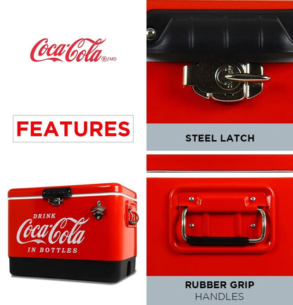 Coca-Cola Ice Chest Cooler - Portable Ice Bucket with Bottle Opener, Vintage Style, Insulated for Camping, Beach, Picnic, RV, BBQs, Tailgating, Fishing, Stainless Steel 85 Can Ice Box, 51L (54 qt)
