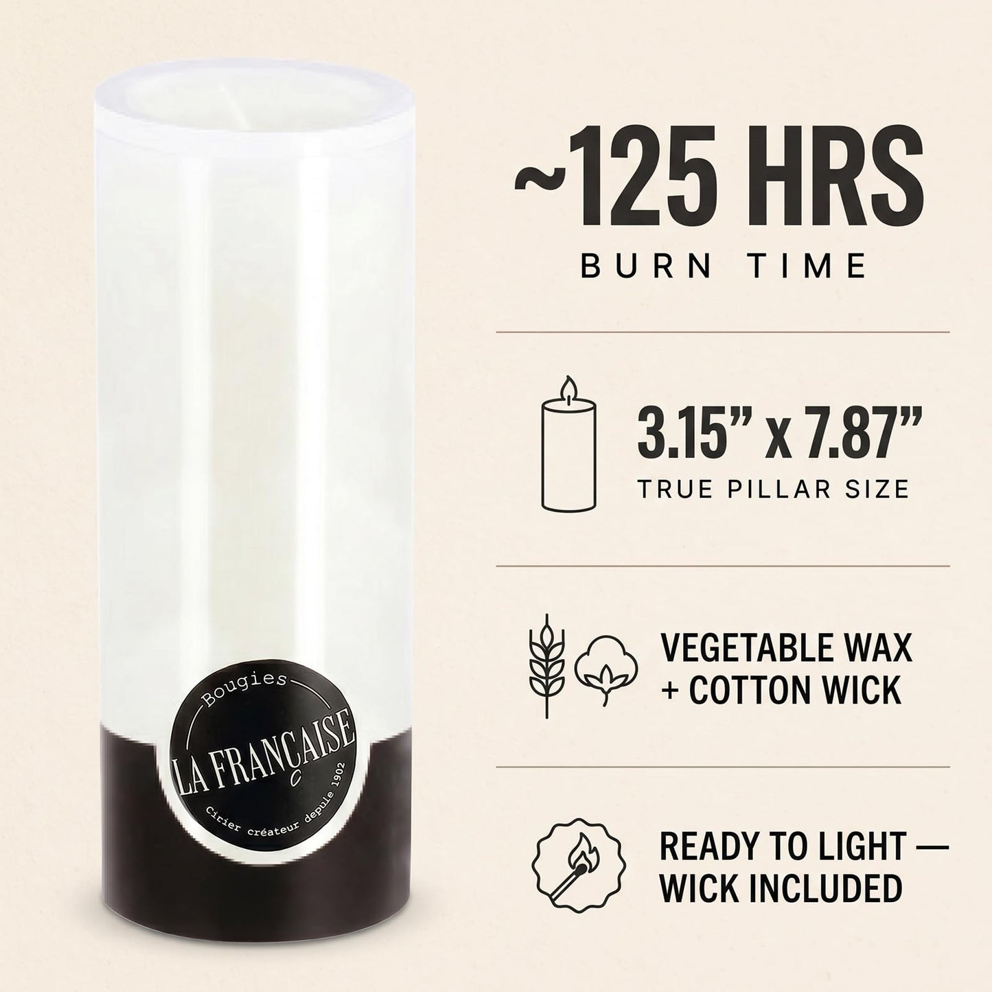 Bougies La Française Unscented Pillar Candle, White, Made in Tunisia, Ready-to-Light Cotton Wick Included, Vegetable Wax Decorative Candle, 3.15" Diameter × 7.87" Tall, Approx. 125-Hour Burn Time