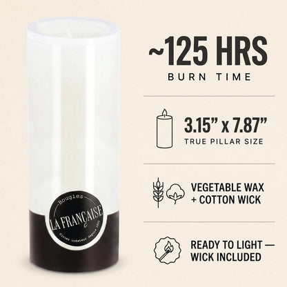 Bougies La Française Unscented Pillar Candle, White, Made in Tunisia, Ready-to-Light Cotton Wick Included, Vegetable Wax Decorative Candle, 3.15" Diameter × 7.87" Tall, Approx. 125-Hour Burn Time