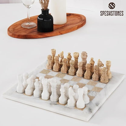Marble Chess Set 12 Inch Handmade White and Travertine Board Games for Adults with Storage Box Classic Table Chess Board with Chess Pieces &amp 2 Extra Queens Gifts &amp Home Décor
