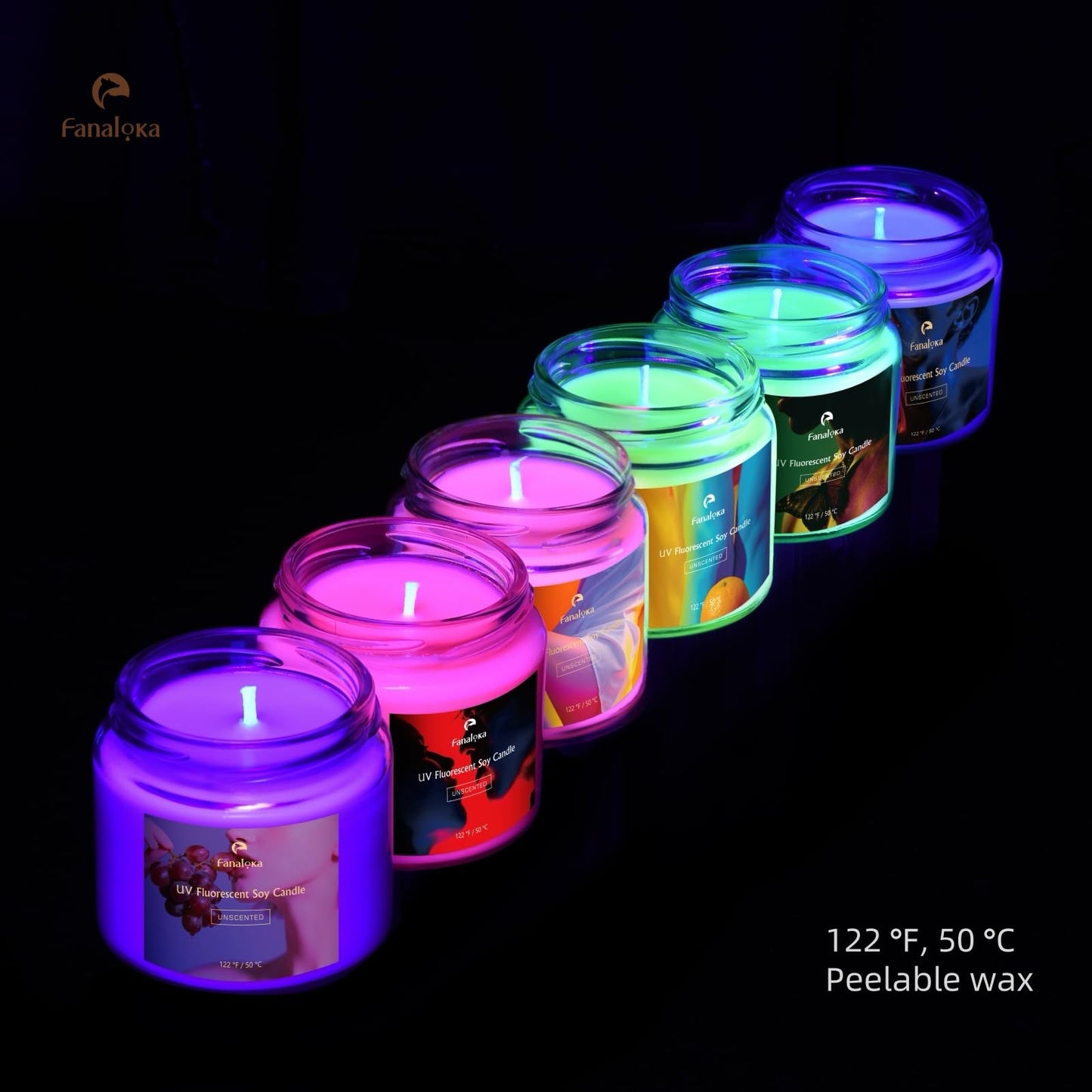 UV Fluorescent Soy Wax Low Temperature Candles, Low Heat Body Safe Candle for Night Party, Unscented, 122 °F, 5 oz, Peelable Wax (Green)