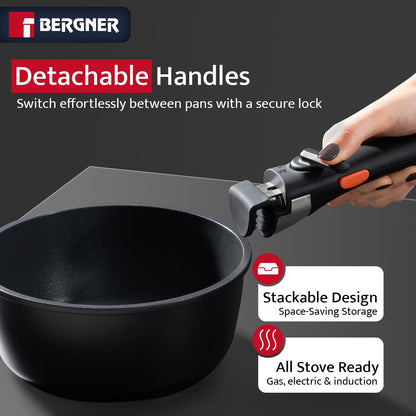 Bergner 11-Piece Non-Stick Cookware Set with Detachable Handles - Stackable Die-Cast Aluminum Pots and Pans Set, Induction Compatible, Space-Saving Kitchen Cookware, Black