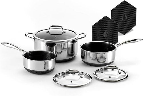 HexClad Hybrid Nonstick 6-Piece Pot Set - Includes 2 Silicone Trivets & Tempered Glass Lids | Induction Ready, Dishwasher Safe