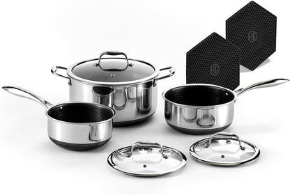 HexClad Hybrid Nonstick 6-Piece Pot Set - Includes 2 Silicone Trivets & Tempered Glass Lids | Induction Ready, Dishwasher Safe