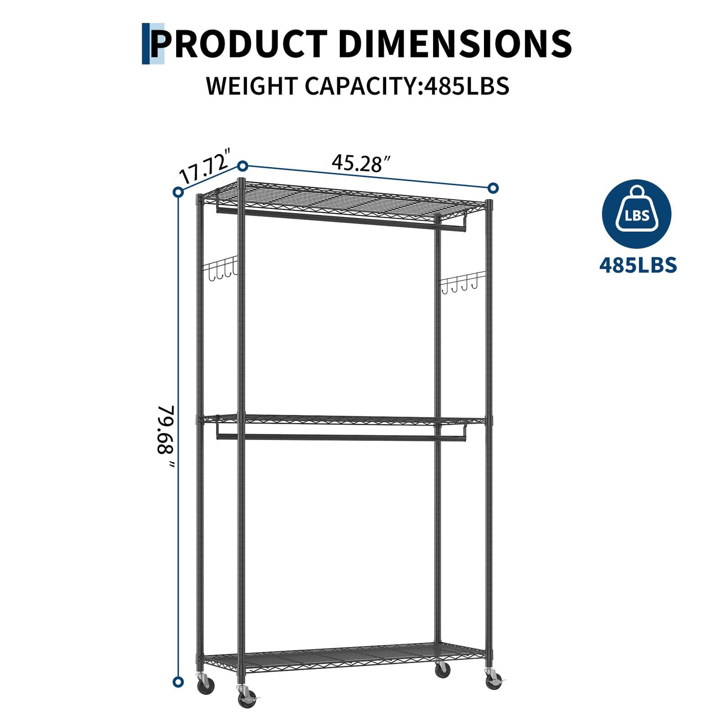 Heavy Duty Clothes Rack with Cover, 485LBS Capacity, Portable Closet Wardrobe on Wheels, Carbon Steel, Dustproof, Tool-Free Assembly, Clothes Racks for Hanging Clothes, for Bedroom, Laundry, Storage