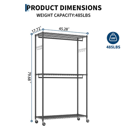 Heavy Duty Clothes Rack with Cover, 485LBS Capacity, Portable Closet Wardrobe on Wheels, Carbon Steel, Dustproof, Tool-Free Assembly, Clothes Racks for Hanging Clothes, for Bedroom, Laundry, Storage