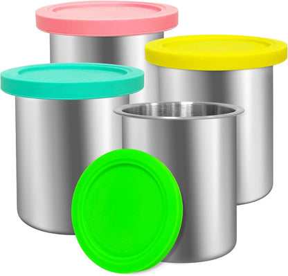 Ninja Creami Deluxe Containers - 4 Pack Stainless Steel with Silicone Lids | BPA-Free & Dishwasher Safe