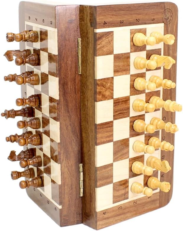 House of Chess - 6.5 Inch Wooden Magnetic Folding Travel Chess Set | Board - Algebraic Notation - Two Extra Queens - Handmade - Premium Quality (Golden Rosewood/Maple Wood)
