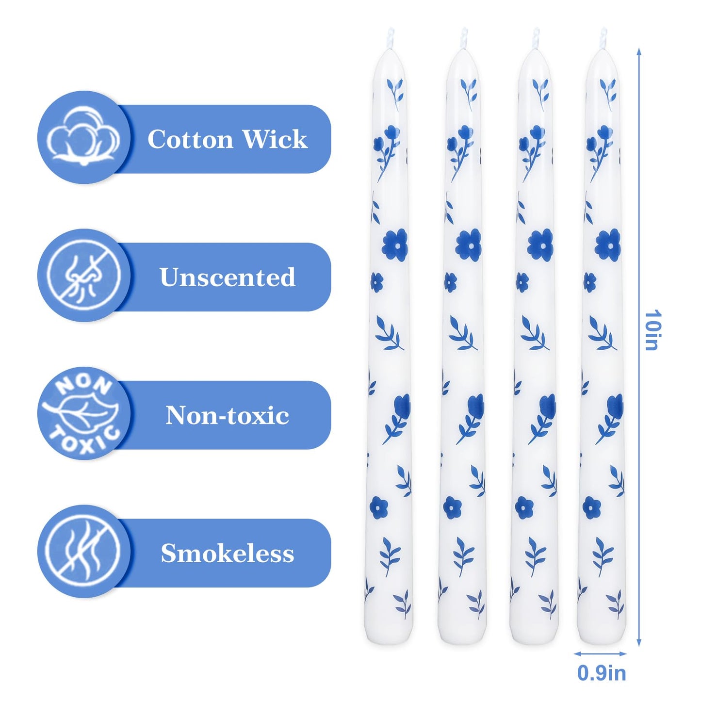 FYSUIMU 6Pcs Chinoiserie Floral Taper Candles 10 Inch Christmas Porcelain Blue and White Decorative Candles Long Unscented Candle Sticks for Bridal Wedding Shower Party Home Table Decor