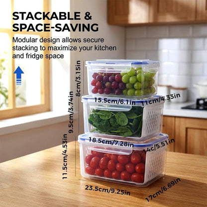 Skiennix 4-in-1 Large Fruit Storage Container - Leakproof Produce Keeper with Removable Colander | BPA-Free & Microwave Safe (Blue, S)