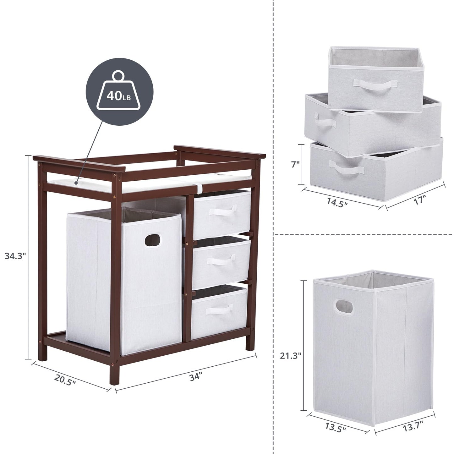 GarveeHome Modern Baby Changing Table with Laundry Hamper & 3 Drawers - Solid Wood Nursery Dresser Supports 40 Lbs, with Safety Strap & Waterproof Pad, Storage Organizer for Diapers, Clothes & Toys