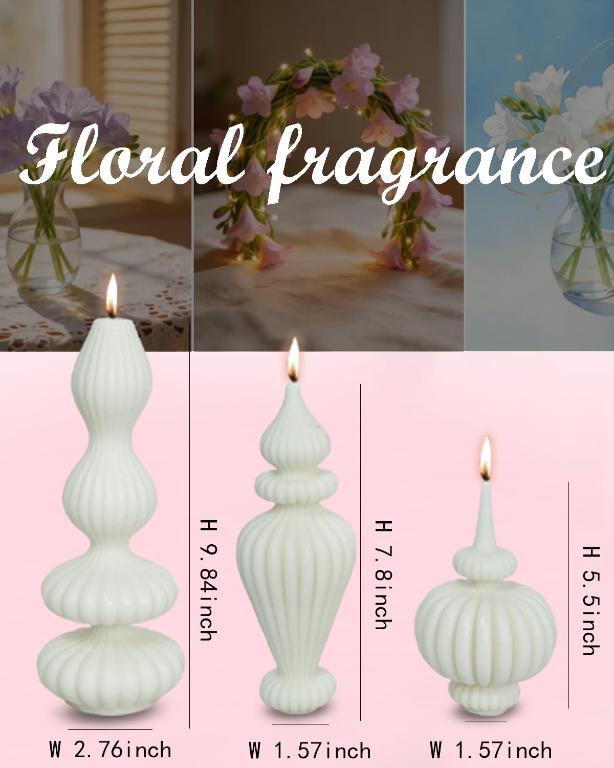 Ribbed Pillar Candles Set of 3，Modern Aesthetic Decorative Candle Set Cute Soy Wax Scented Ribbed Decor for Home Bathroom Living Room，White