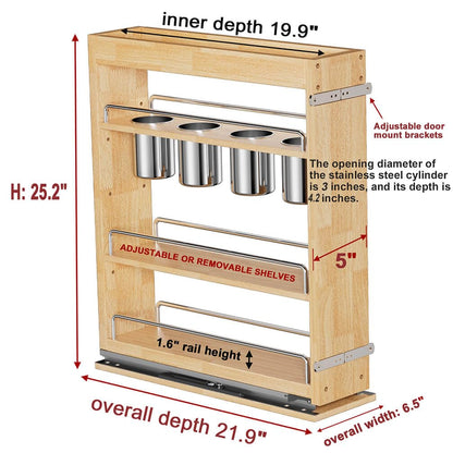 OCG 5" Pull-Out Solid Wood Storage Organizer for Base Cabinets, Soft Close 3 Tier Narrow Pull-out Wooden Storage Rack for Spices, Utensils, and Kitchen Tools