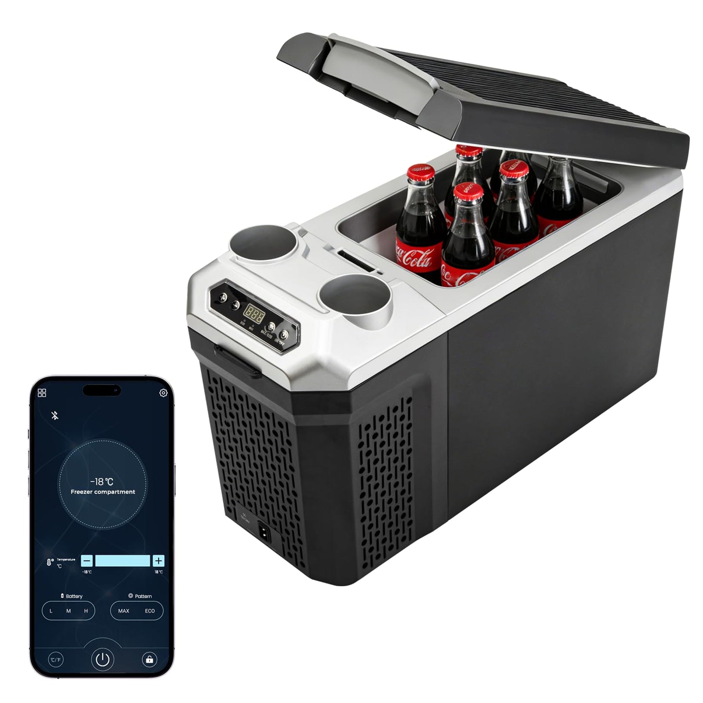 Center Console Fridge with Bluetooth APP Control,Car Refrigerator 16QT Portable Freezer Compressor Cooler (0°F ~ 64°F”),Car Refrigerator RV Fridge 12/24V DC&110V AC for MPV,RV,Travel,SUV, Van Camping