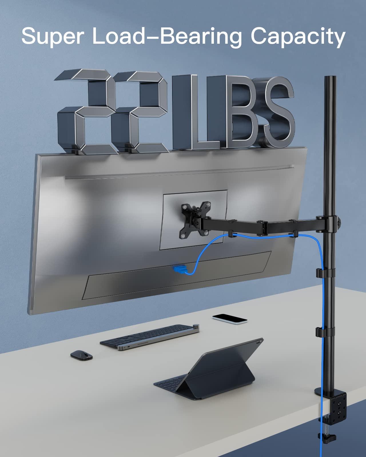 HUANUO Monitor Arm Desk Mount, Fully Adjustable Stand Computer Mount for 13-32 In Screen, Ultra Wide Screen to 38In, Single Extra Tall 39 Inch Monitor Stand Holds up to 22lbs with C Clamp/Grommet Base