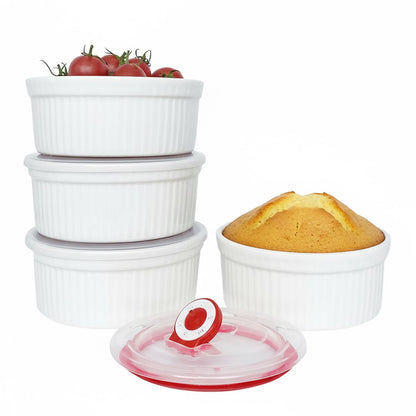 10 oz Ceramic Creme Brulee Ramekins Oven Safe, Small Souffle Ramekins with Lids, Mini Ramekin Set with Covers Set of 4, Pudding Custard Cups Ramiken for Baking, Meal Prep, Picnic, Camping
