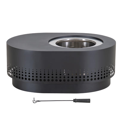SUNJOY Smokeless Fire Pit with Table Top, 38-Inch Oval Firepit for Outdoor, Stainless Steel Wood Burning Fireplace w/Removable Ash Pan, PVC Cover and Fire Poker, Ideal for Camping, Backyard, Black