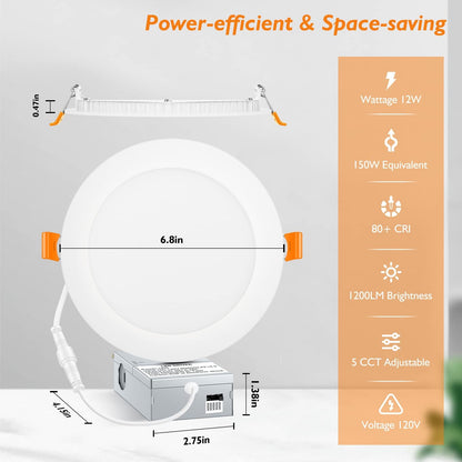 BesLowe LED Recessed Ceiling Lights, 12W, Ultra-Thin, 5CCT, 6 Inch, 1200LM, Dimmable, White, Model DC08