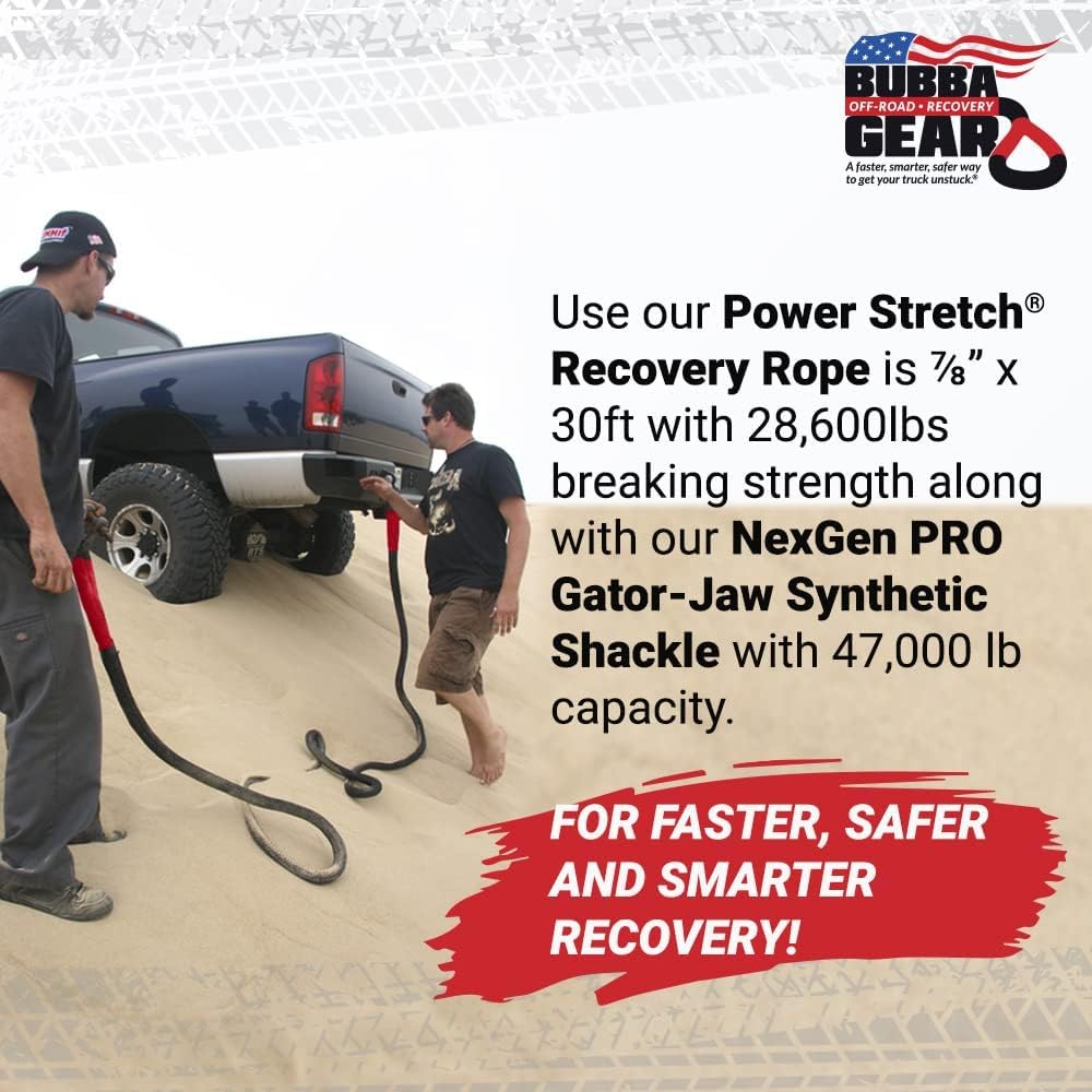 Bubba Rope Off-Road Truck Recovery Gear Set – Heavy-Duty Vehicle Tow Kit: Power Stretch Recovery Rope, 7/8” x 30’ - NexGen PRO Gator-Jaw Synthetic Shackles, 3/8” x 6.5” - Red