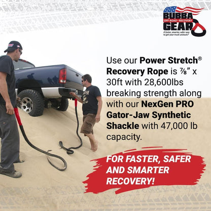 Bubba Rope Off-Road Truck Recovery Gear Set – Heavy-Duty Vehicle Tow Kit: Power Stretch Recovery Rope, 7/8” x 30’ - NexGen PRO Gator-Jaw Synthetic Shackles, 3/8” x 6.5” - Red
