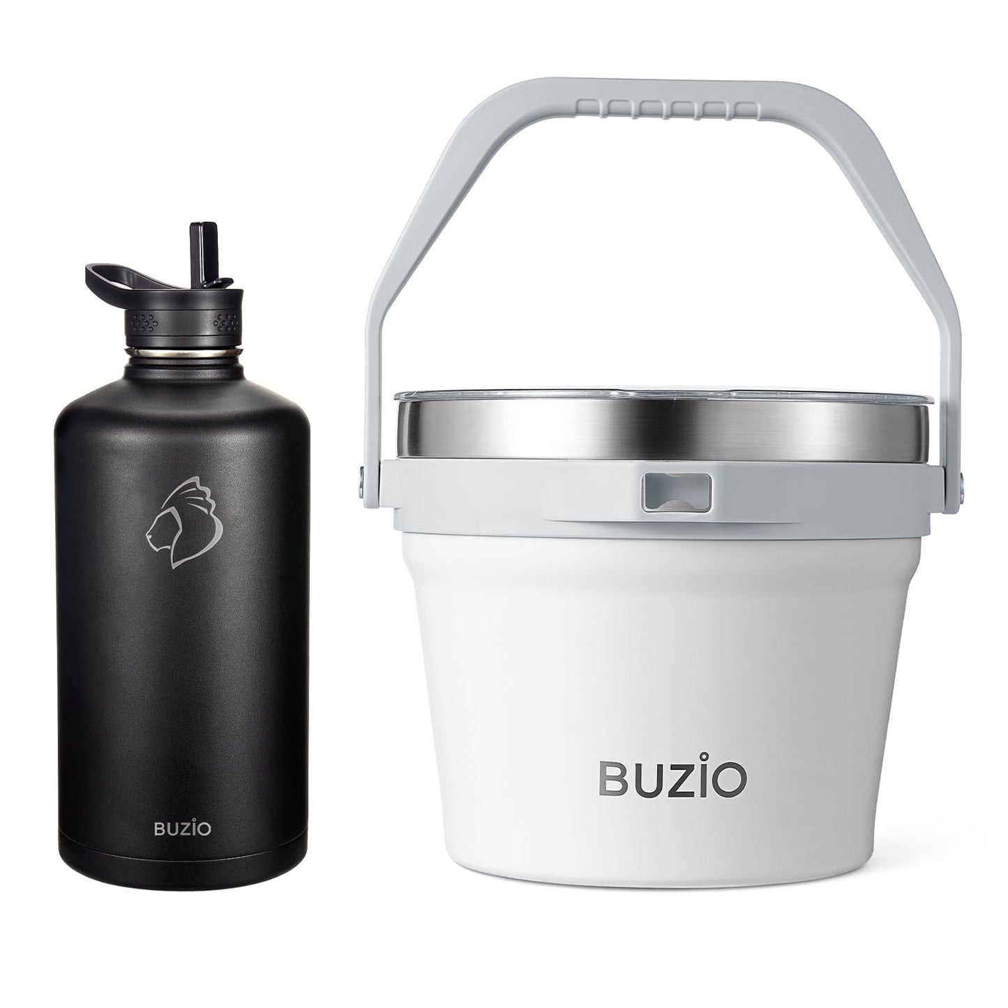 BUZIO Gallon Water Bottle Insulated with straw, 7 L Insulated Ice Bucket with Lid and Scoop & Tongs for Parties, Double Wall Vacuum Stainless Steel, Holds 6 Longnecks or 3 Wine Bottles, Large Beverage