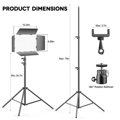 Scrhot 2 Pack LED Video Light Kit 79'' Tripod Light Stand, 30W 3000Lux Photography Light with Barndoor, CRI 98+ 2500K-8500K Studio Lights Panel Podcast Lighting for Video Recording/Game Live Streaming