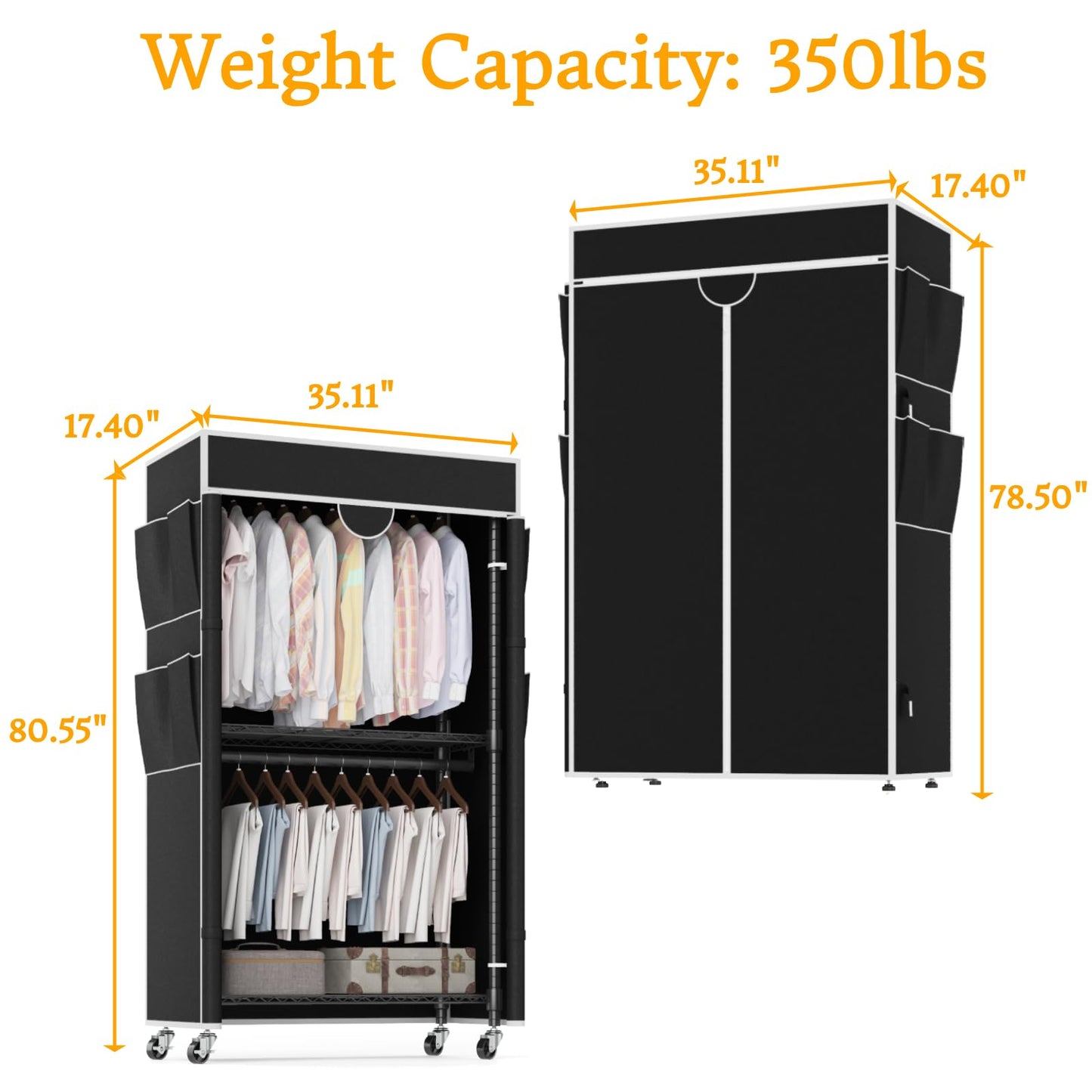 Homdox Garment Rack with Cover, Heavy Duty Clothing Rack for Hanging Clothes, Portable Closet Wardrobe, Double Rods Garment Rack with wheels, 35.1" W x 17.4" D x 80.6" H, Black