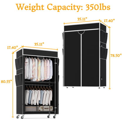 Homdox Garment Rack with Cover, Heavy Duty Clothing Rack for Hanging Clothes, Portable Closet Wardrobe, Double Rods Garment Rack with wheels, 35.1" W x 17.4" D x 80.6" H, Black