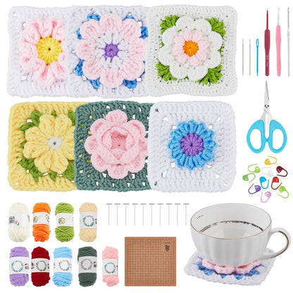 ACRNIGHEET Crochet Kit for Beginners 3D Floral Granny Square Crochet Kit for Adults Learn to Crochet Kits for Adults Beginner Knitting Kit with 6 Square Step-by-Step Video Guide Tutorial
