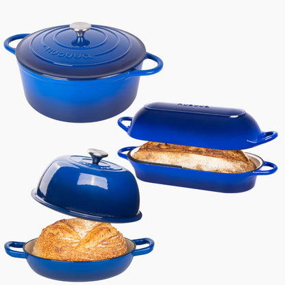 Nuovva Enamelled Cast Iron Cookware Bundle – Dutch Oven Pot with Lid, Casserole Dish & Bread Loaf Pan – Premium Ovenproof Cookware Set for Baking, Roasting & Everyday Cooking