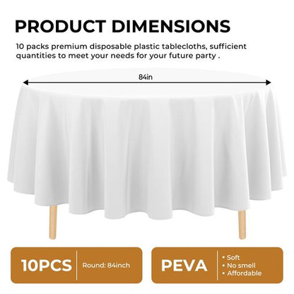 JHDZDHY 10 Pack Premium Disposable Plastic Tablecloth 84" Round Table Cover for Birthdays Weddings Christmas Anniversary Buffet Table (White)