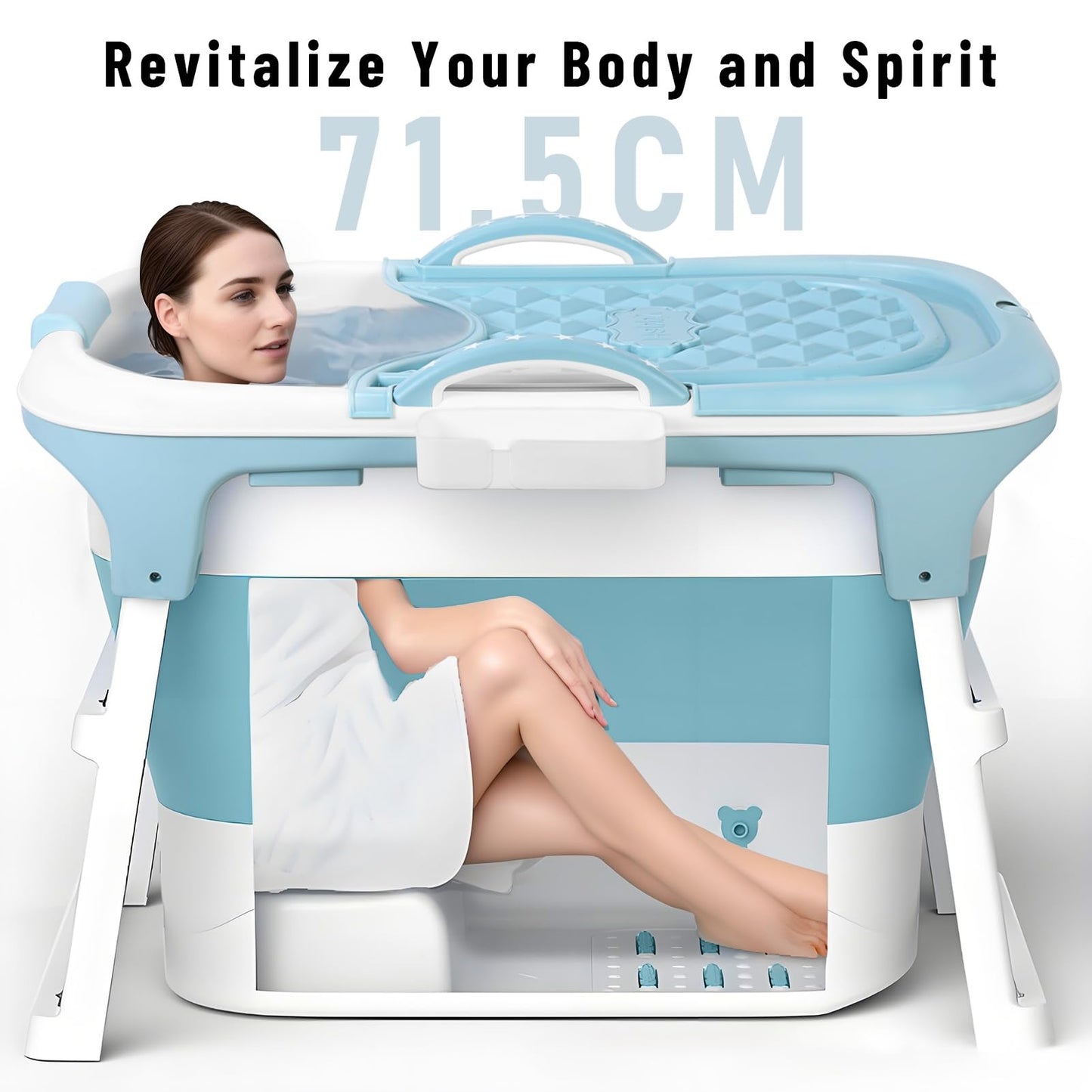 Portable Foldable Bathtub for Adult, 41" Small Foldable Tub with Ergonomic Seat & Massage Roller, Large Capacity Soaking Tub for Adults with Thermal Cover (Blue)