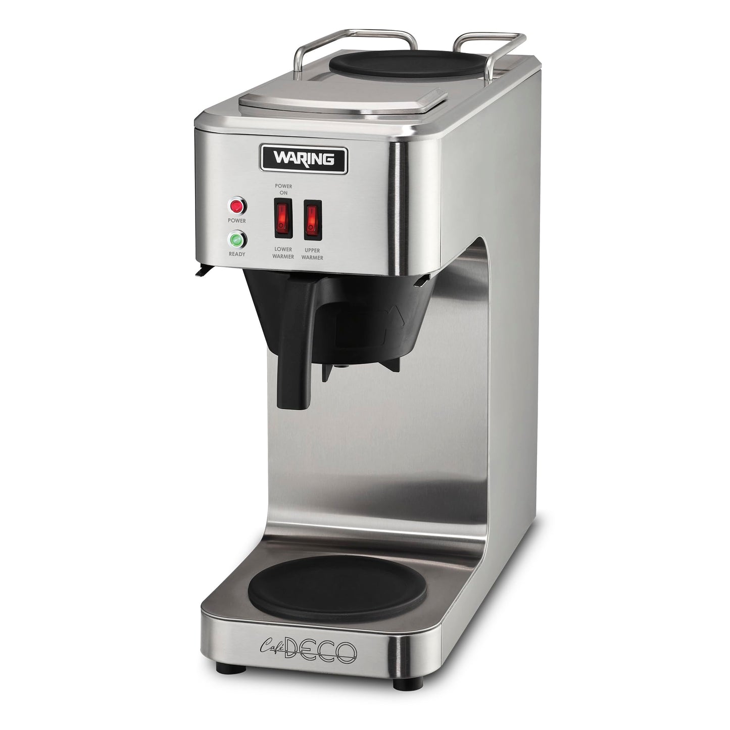 Waring Commercial Café Deco Pour Over Coffee Brewer, 3 Gallons per Hour, 2 Individual Warmers, Fits Large 64 oz Decanters, Stainless Steel, No Plumbing, NSF Certified, WCM50