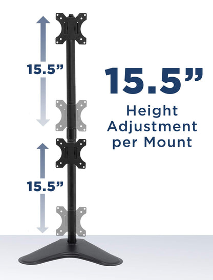 Mount-It! Vertical Dual Monitor Stand, Stacked Desk Mount Fits Two 13–32 Inch Screens up to 17.6 lbs Each, Height Adjustable Free Standing Pole with Tilt Swivel Rotate, Ergonomic VESA Riser, Black