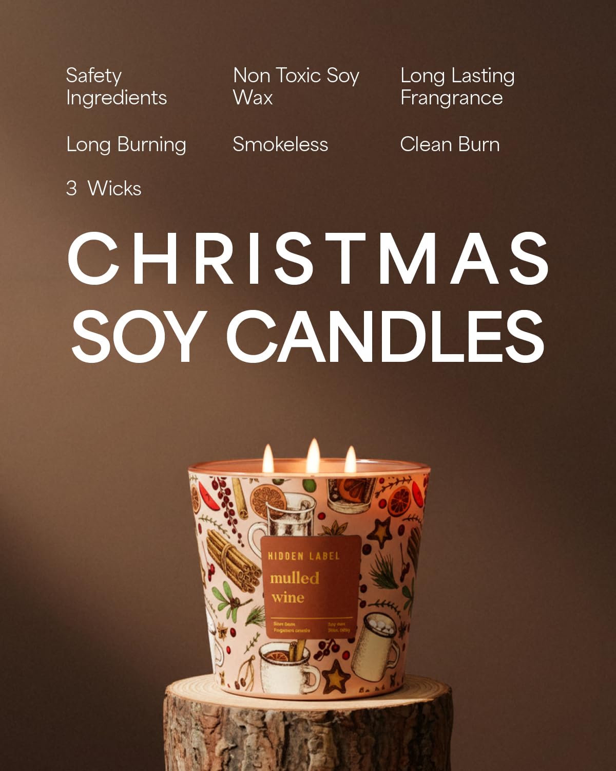 Hidden Label Mulled Wine Scented Candle for Home, 30oz Large 3 Wick Soy Candle, 100H Long Lasting, Cinnamon Orange Clove, Non-Toxic Clean Burn, Christmas Winter Gifts for Women, Holiday Gift