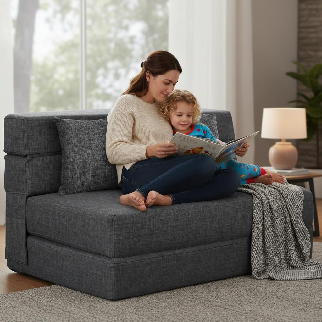 Nigoone Queen Size Folding Sofa Couch Memory Foam with 2 Pillows Sleeper Chair Lazy Couch Triple Futon Convertible Guest Beds, Washable Cover, Dark Gray