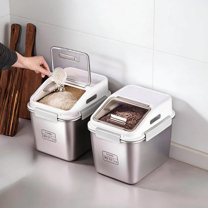Premium 316 Stainless Steel Airtight Rice Storage Container, Modern Kitchen Organizer,grain bin, 27lb/11L Locking Lid Bin with Silicone Seal -Rice, Flour, Beans & Pet Food Dispenser (Matte Silver)