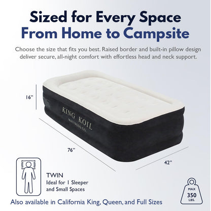 King Koil Plush Pillow Top Luxury Twin Air Mattress with Built-in High-Speed Pump for Camping, Home & Guests - Airbed Inflatable Blow Up Mattress, Waterproof, 1-Year Manufacturer Warranty.