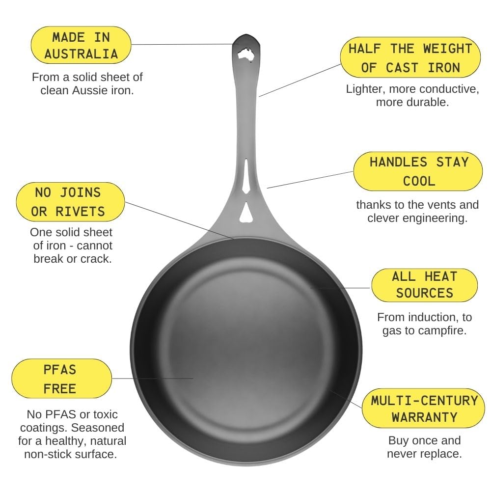 SOLIDTEKNICS 11" Outdoor Skillet Set – Naturally Seasoned Australian Iron Skillet with Stainless Steel Flipper & Mini Pan Scraper Camping Cookware for Grill, Smoker, Fire Pit & Campfire Cooking