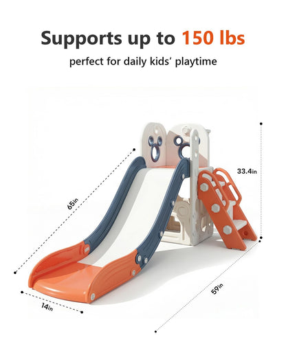 CHIIRAKU Toddler Slide L-Shaped, 5 in 1 Kids Slide Climber for Toddler, with Ball & Hoop, Indoor Outdoor Baby Playset, Anti-Slip, 65IN/165CM,Toy Storage, Ideal for Boys Girls Birthday
