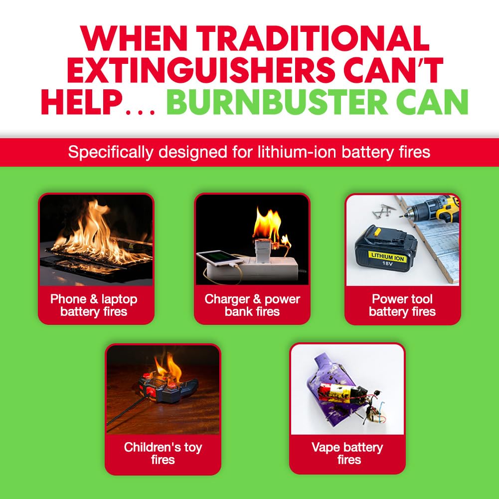 BurnBuster Lithium-Ion Fire Extinguishing Gel 3-Pack - Battery Fire Suppression Gel for Electronics, Stops Thermal Runaway, Non-Toxic, Eco-Friendly, 14oz Canister, Made in USA